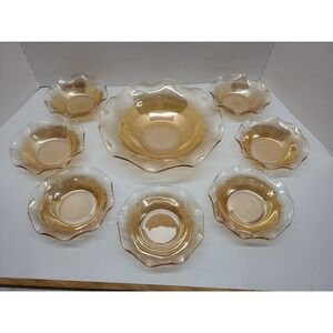 Vtg Depression Glass Jeannette Floragold‎ Fluted Serving Dish and 7  Bowls